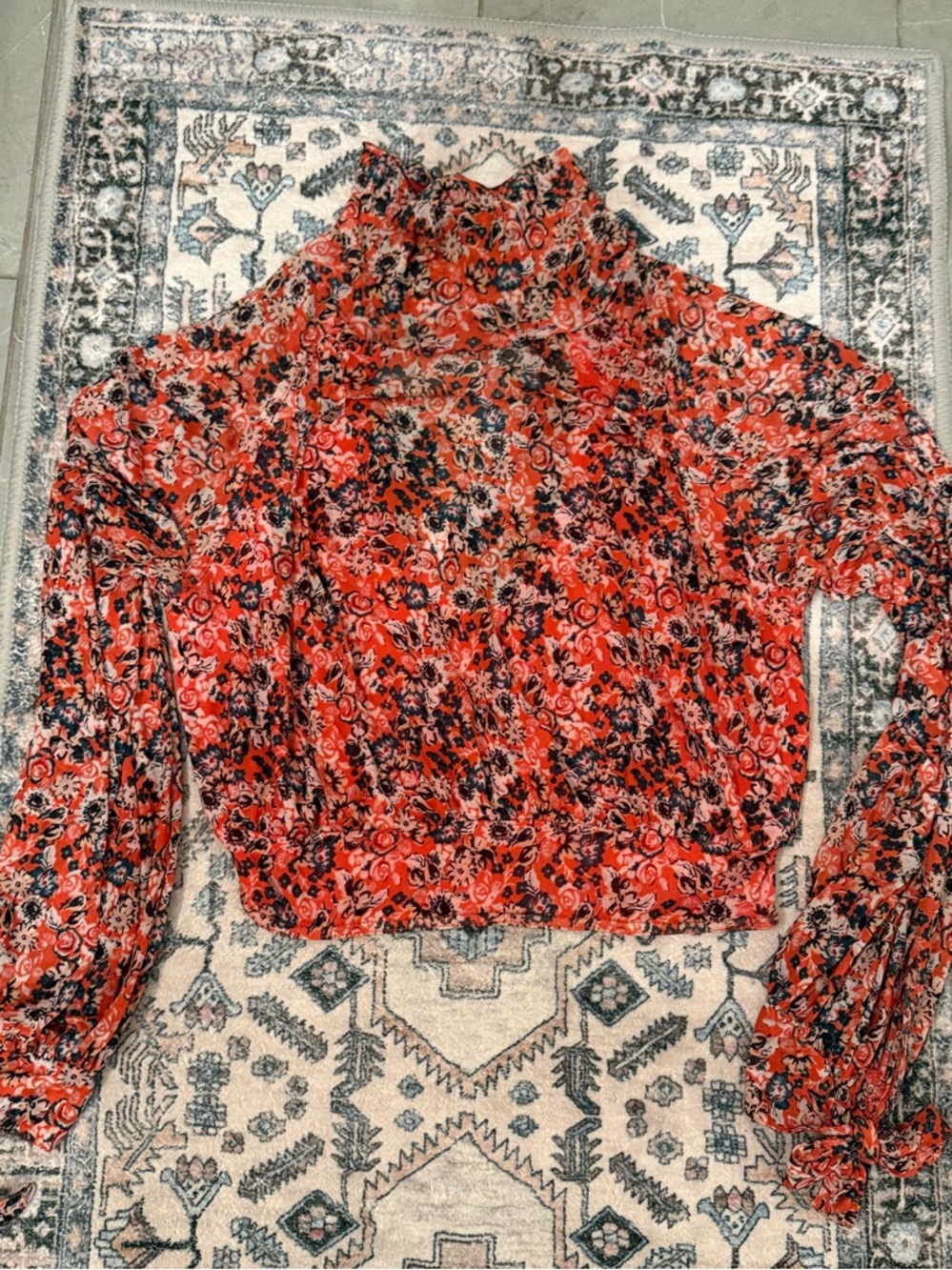 Free People Red Floral High-Neck Blouse